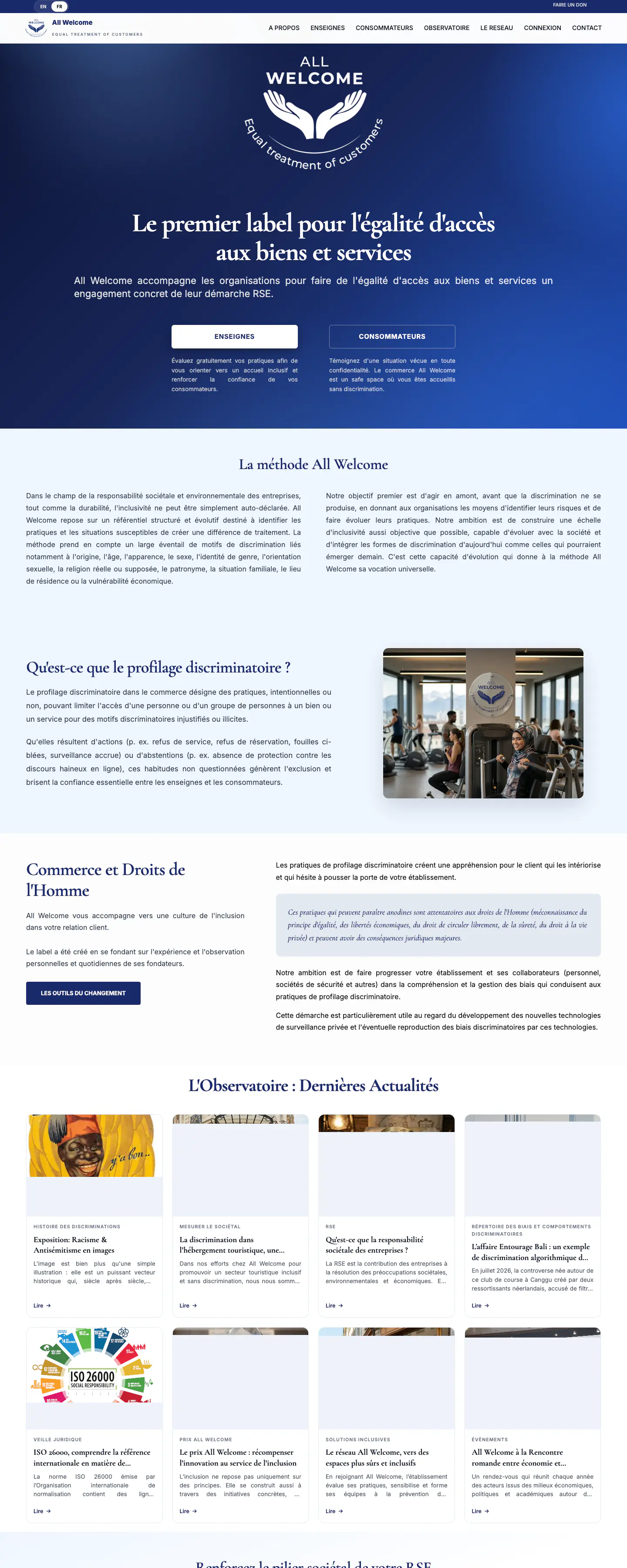 Page d'accueil d'All Welcome, label pour l'égalité d'accès aux biens et services