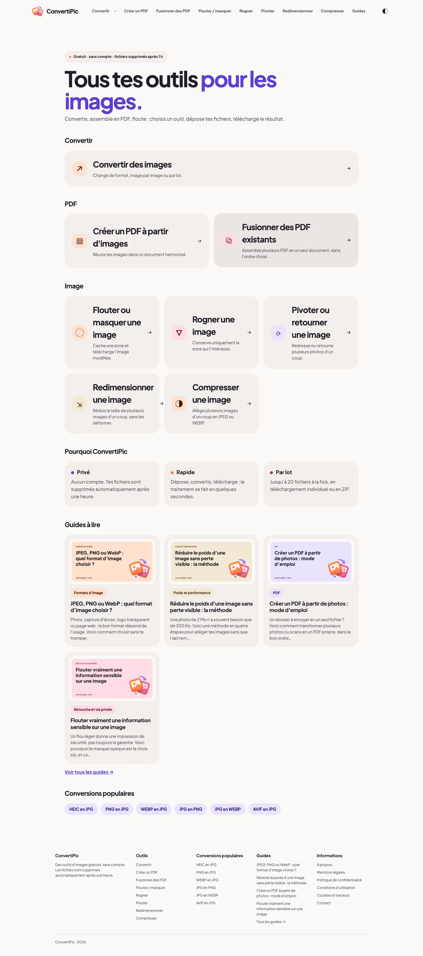 Page d'accueil de ConvertiPic, outils d'images gratuits en ligne