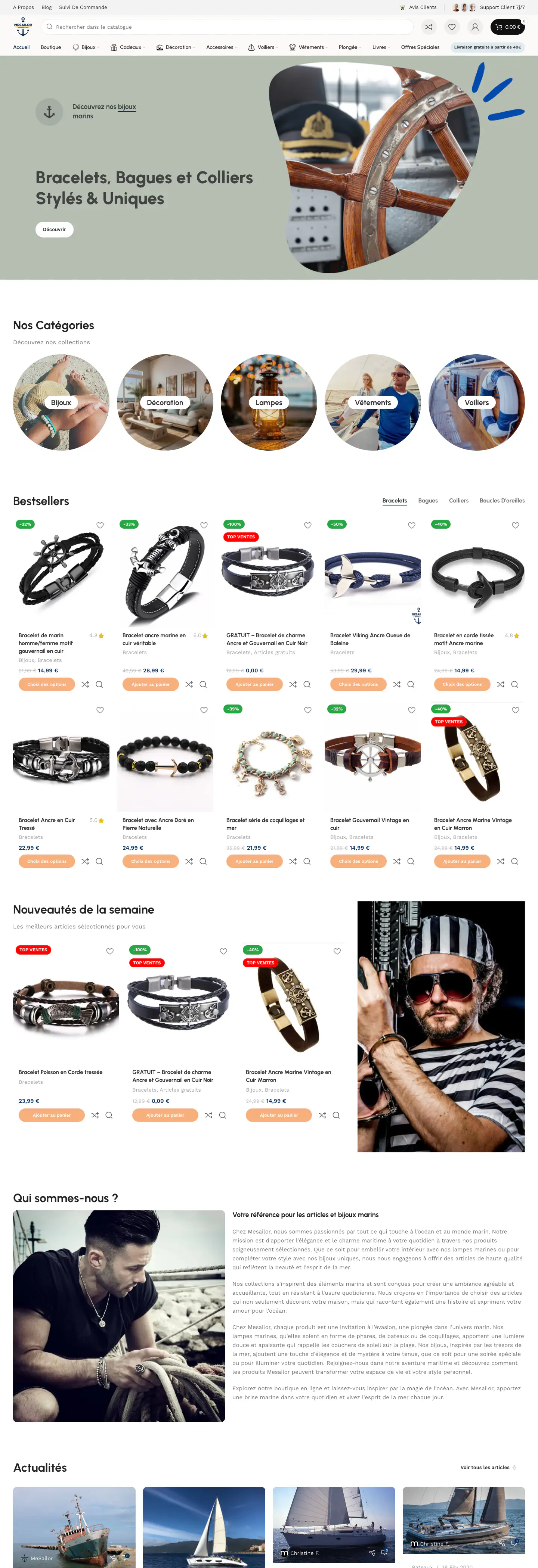 Page d'accueil de MeSailor, boutique de bijoux et d'articles marins